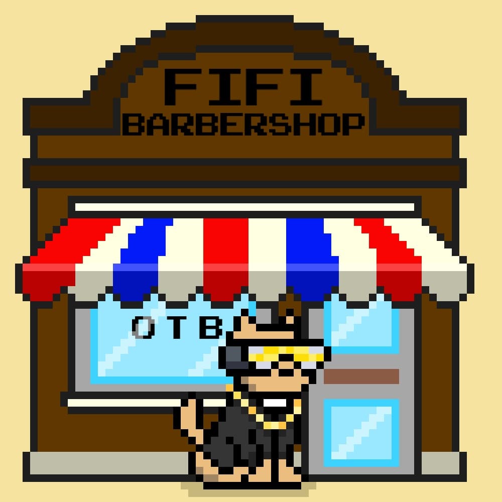 FIFI Barbershop pixel mark — FifiMetaX Pixel-art FIFI Barbershop storefront with a gold-glasses dog at the door